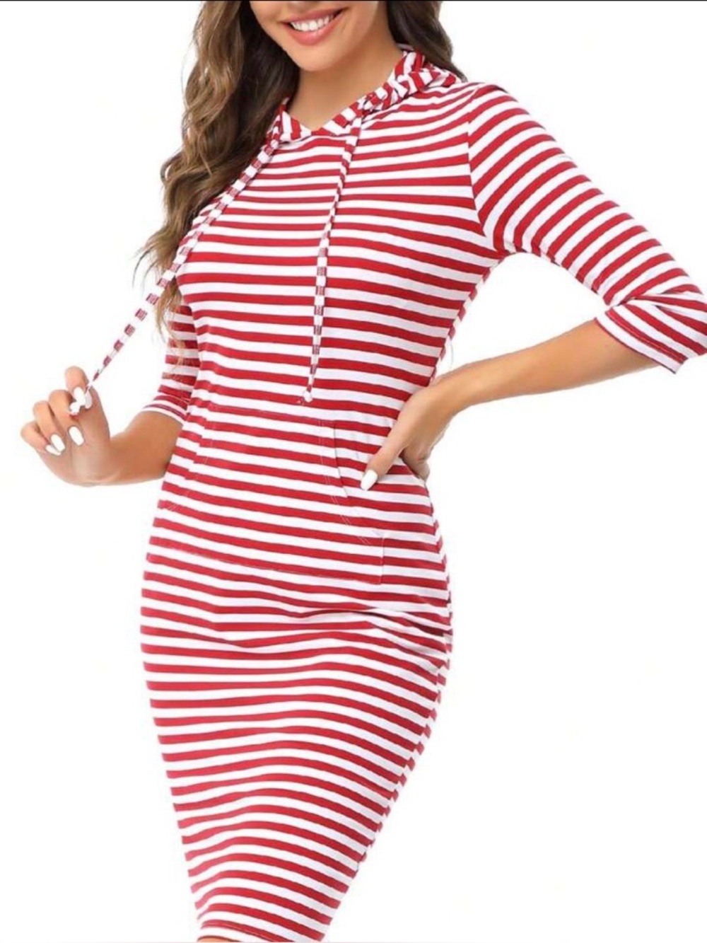 MISSKY Red and White Women's Casual Pocket Slim Pullover Maxi Hoodie Dress 2XL